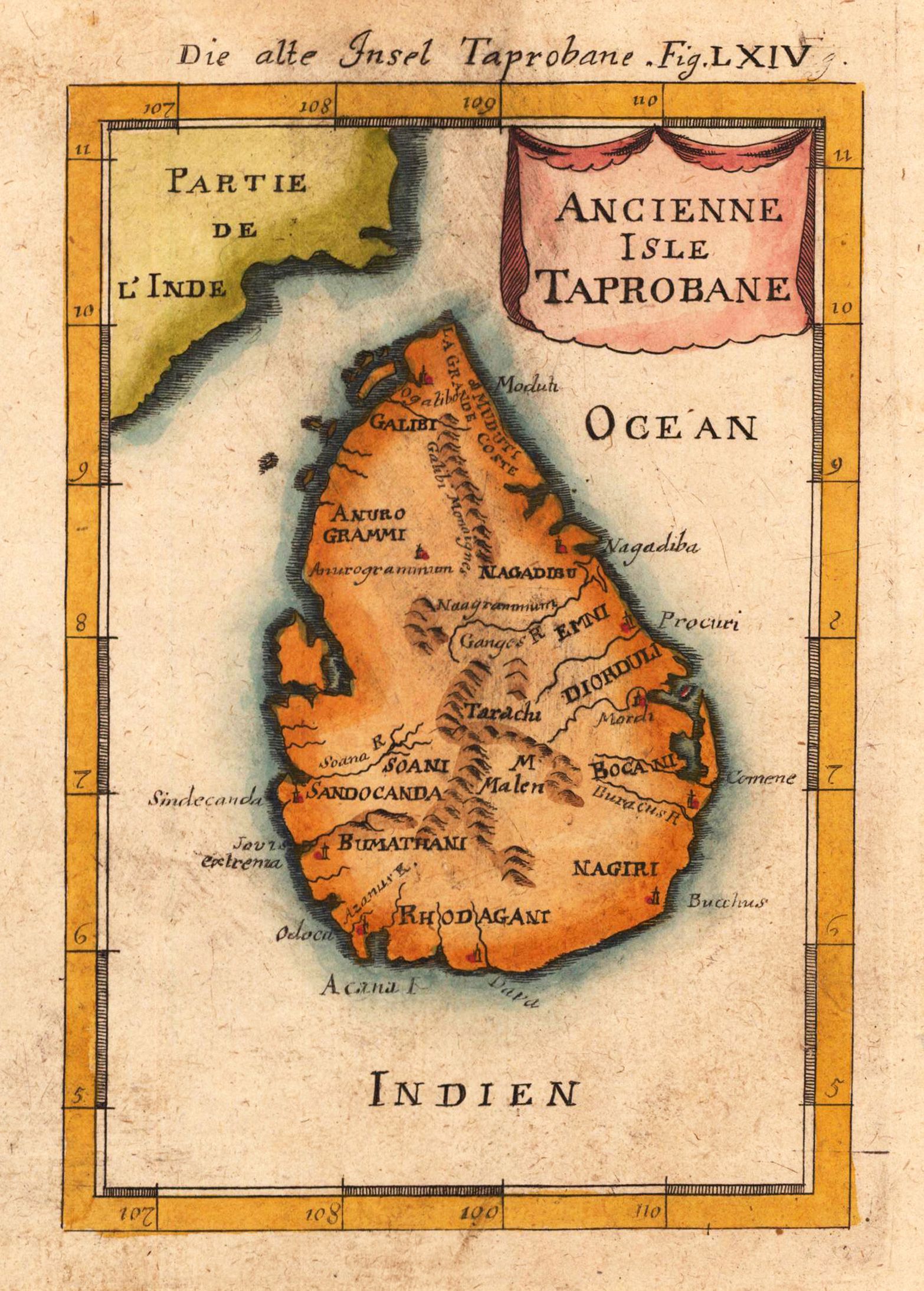 Historical map of ancient Taprobane charting the legendary island of wonders