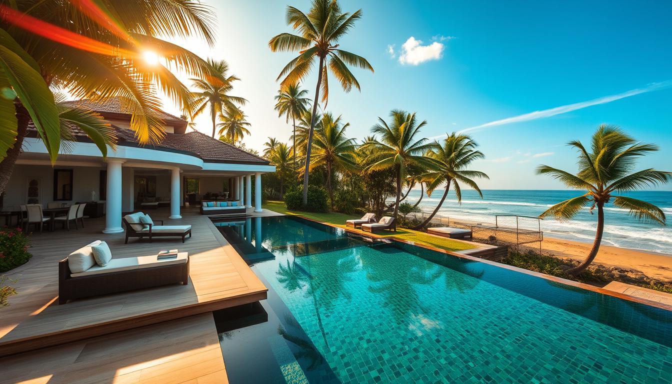 Oceanfront luxury private pool villa at sunset